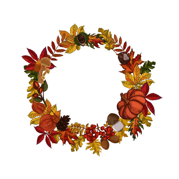 Autumn leaves wreath template on white background.  - Wektor, obraz