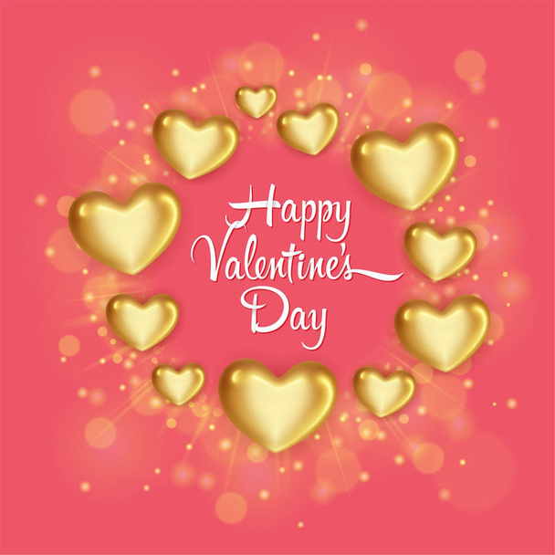 Elegant greeting card with glossy golden hearts. Happy Valentine's Day celebration. Vector illustration - Vettoriali, immagini