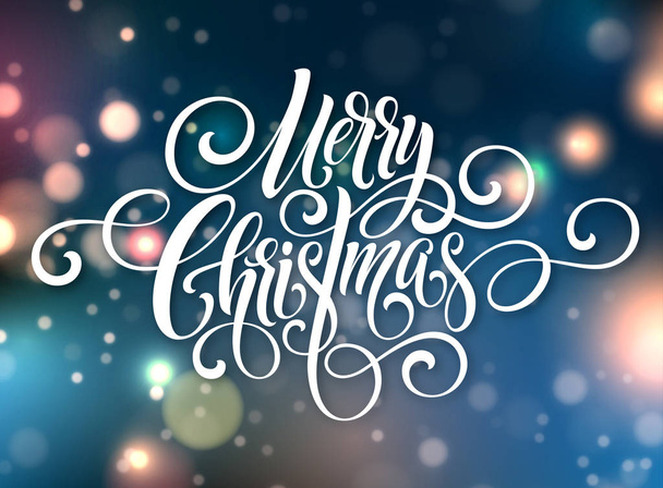 Merry Christmas handwriting script lettering. Christmas greeting background with bokeh. Vector illustration - Vektor, obrázek