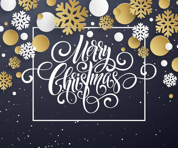 Frohe Weihnachten Handschrift Schriftzug. goldener, weißer, schwarzer Weihnachtsgruß mit Schneeflocken. Vektorillustration - Vektor, Bild