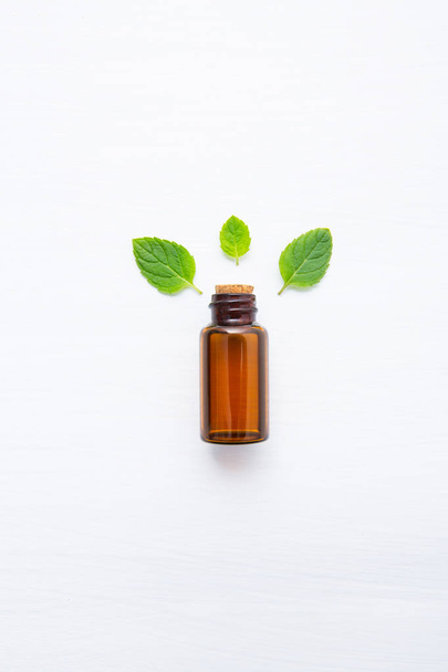 Natural Mint Essential Oil in a Glass Bottle with Fresh Mint  - Photo, Image