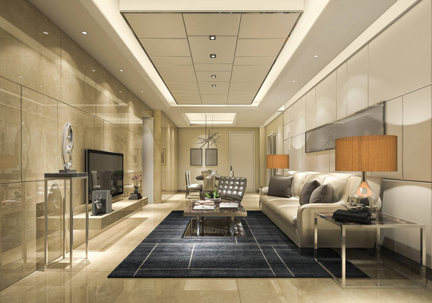 3D vykreslování luxusní a moderní obývací pokoj s golden zdi a odrážejí dlaždice - Fotografie, Obrázek