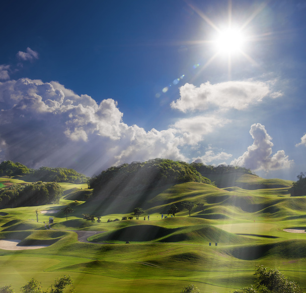 Auringonlasku golfkentällä
 - Valokuva, kuva