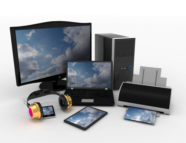 Computer devices and office equipment. 3d rendered illustration - Foto, Bild