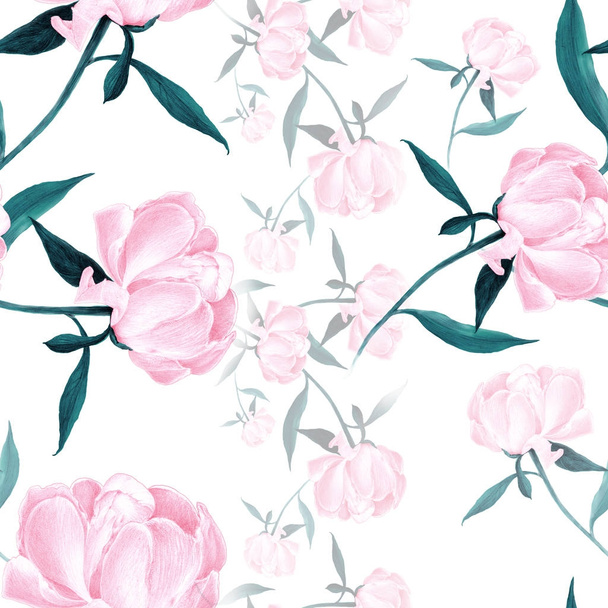 Peonies - flowers and leaves. Decorative composition on a watercolor background. Floral motifs. Seamless pattern. - Фото, изображение