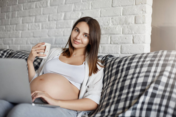 Pregnant lady using a laptop computer home sitting on sofa. Spending her free time taking online education courses looking at camera smiling drinking healthy smoothie. - Fotografie, Obrázek