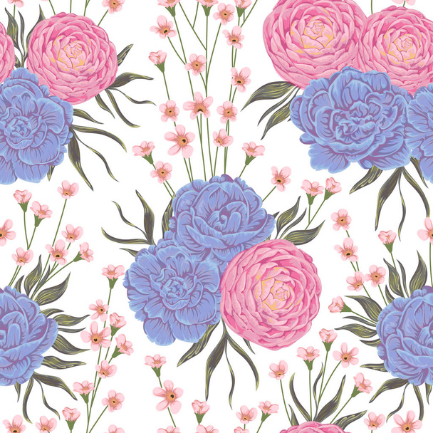 Seamless pattern with pink camellias, blue geranium flowers and alstroemeria. Rustic botanical background. Vintage hand drawn vector illustration in watercolor style - Vector, Image