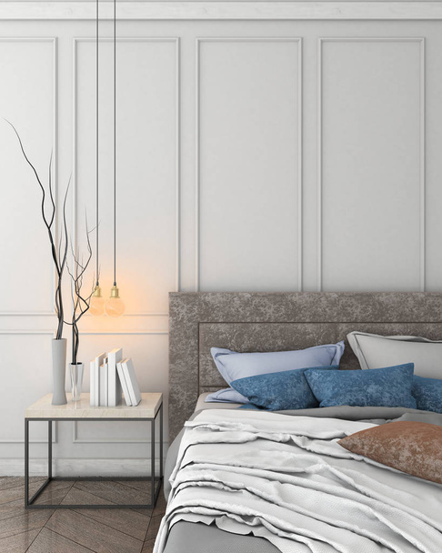 mock up modern interior background with bed and table, 3D illustration, 3D render - Foto, imagen