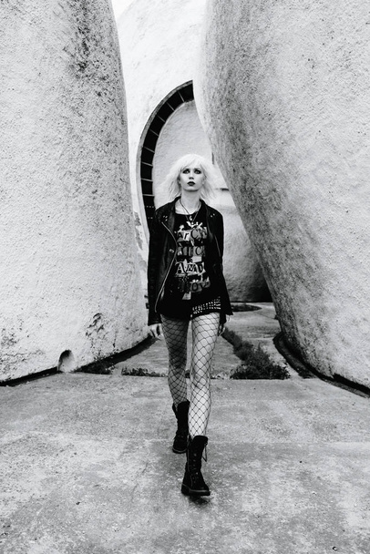 monochrome portrait of stylish blonde grunge young woman  - Photo, Image