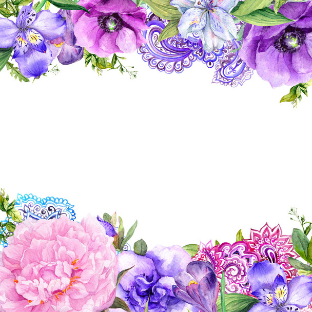 Flowers, oriental ornament. Floral card in boho style. Watercolor - Fotoğraf, Görsel