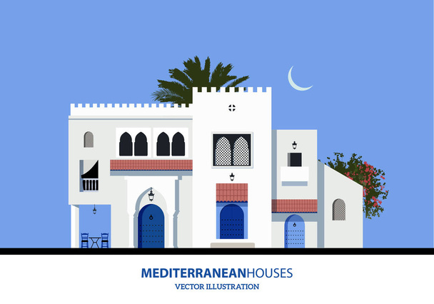 Μαροκινή Μεσογειακή ή Αραβικά στυλ σπίτια. Εικονογράφηση διάνυσμα - Διάνυσμα, εικόνα