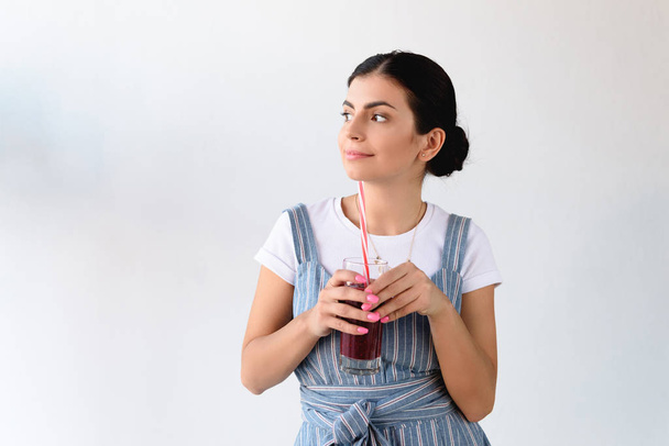 thoughtful woman with detox drink - Photo, Image