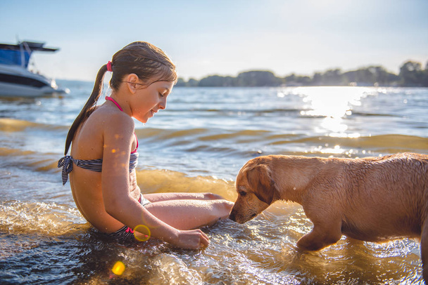 Girl on beach with dog - Fotoğraf, Görsel