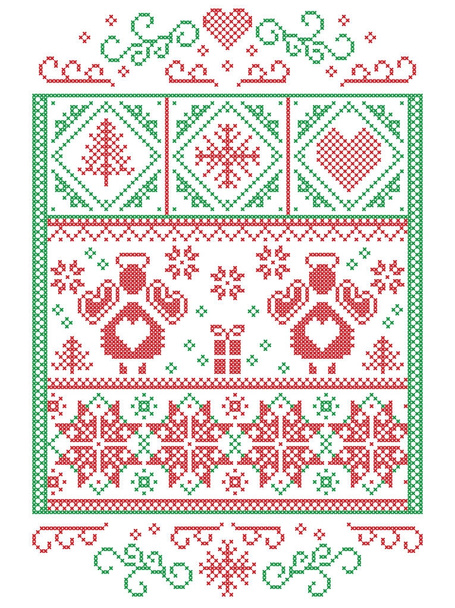 Elegantní vánoční skandinávské, severský styl zima švy, vzor včetně Angel, sněhové vločky, srdce, dar, hvězda, vánoční stromek, sníh a dekorativní ozdoby v bílé, červené, zelené v obdélníkový rámeček - Vektor, obrázek