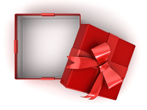 offene rote Geschenkschachtel oder Geschenkschachtel mit roter Schleife und leeren Raum in der Schachtel isoliert auf weißem Hintergrund mit Schatten. 3d - Foto, Bild