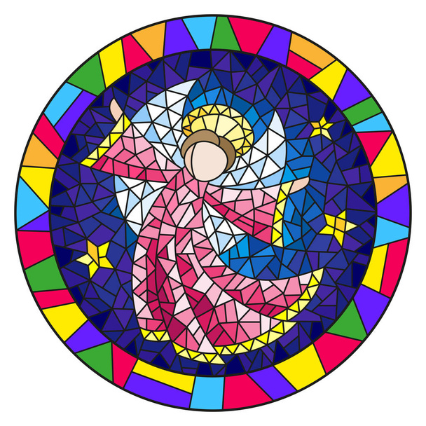 Illustration in stained glass style with an abstract angel in pink robe  , round picture frame in bright - Vector, Image