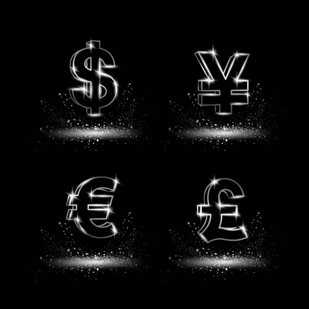 Platin Währungssymbole gesetzt. Währungslineare Vektordarstellung auf schwarzem Hintergrund. - Vektor, Bild