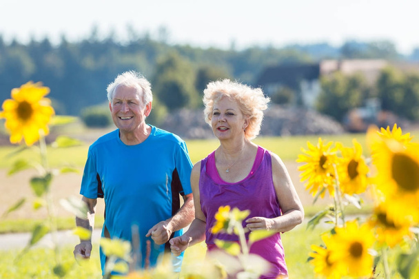 Fröhliches Senioren-Paar joggt gemeinsam im Grünen - Foto, Bild