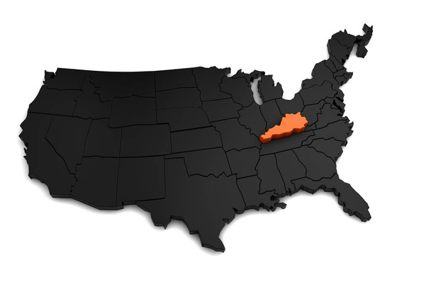 Соединенные Штаты Америки, трёхмерная чёрная карта с выделённым оранжевым штатом Кентукки. 3D рендеринг
 - Фото, изображение