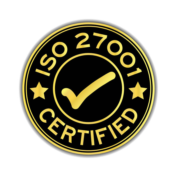 Colore nero e oro ISO 27001 certificato con icona del marchio adesivo rotondo su sfondo bianco
 - Vettoriali, immagini
