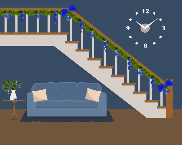 Modrá pohovka s polštáři, nachází pod schody, zdobený vánoční dekorace - Vektor, obrázek