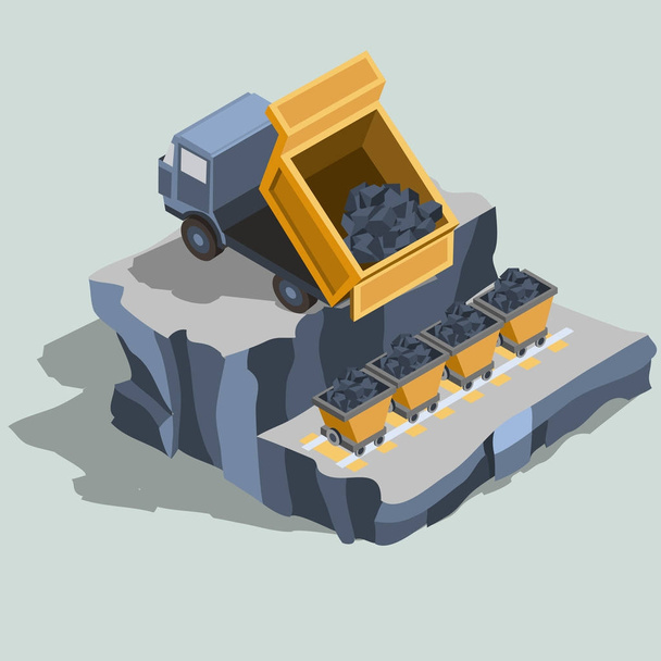 Dump truck ships coal into coal carts isometric vector - Vector, Image