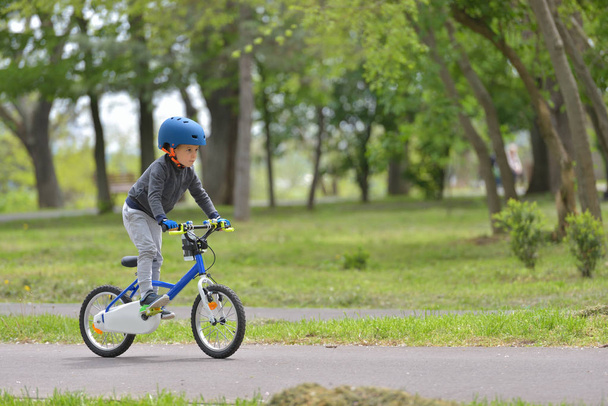 Joyeux garçon de 5 ans qui s'amuse au parc du printemps avec un vélo lors d'une belle journée d'automne. Enfant actif portant un casque de vélo
 - Photo, image