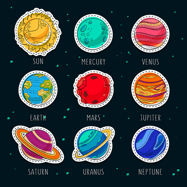Education patchwork of cute solar planets like mars, sun and earth. - Vector, Image