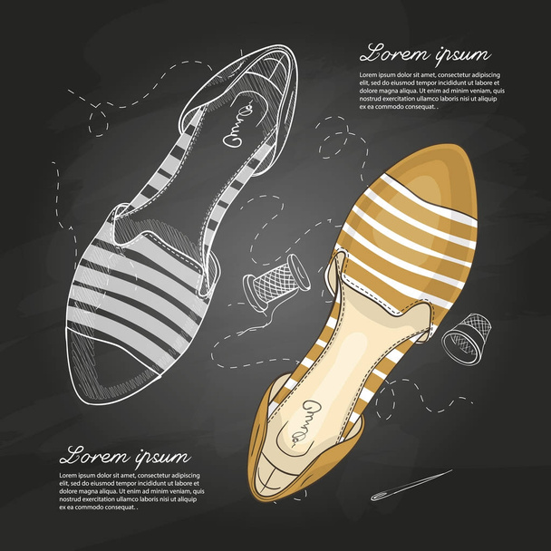 Vector sketch and color womens striped pointy toe flats on a chalkboard - Vecteur, image