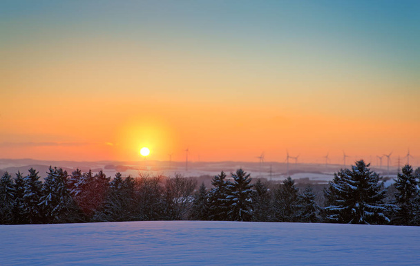 Talvi auringonlasku maisema huurteinen metsä puita ja auringonvalo palkit
. - Valokuva, kuva