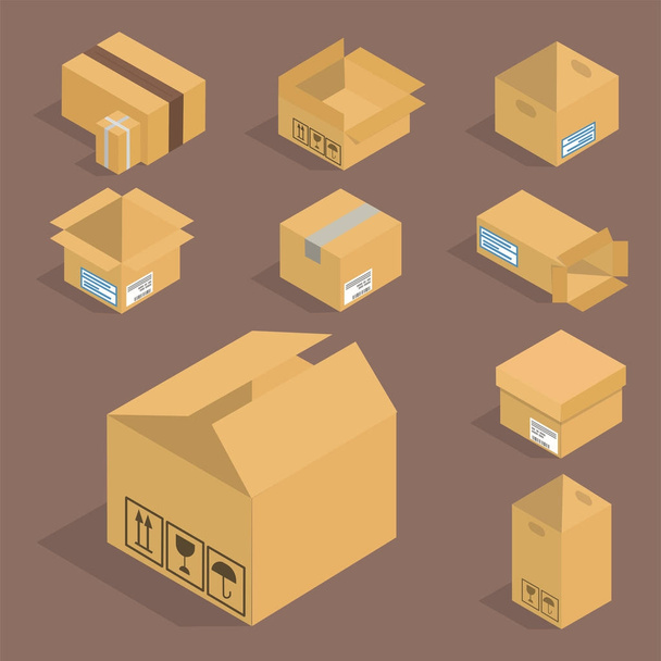 Diferentes iconos isométricos de vectores de cajas servicio de movimiento de paquetes aislados o ilustración de envases de regalo
 - Vector, Imagen