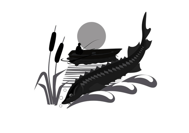 Logo vissen met visser en een steur - Vector, afbeelding