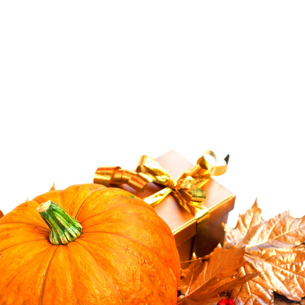 Halloween pumpkin with autumn leafs and gift isolated on white - Foto, immagini