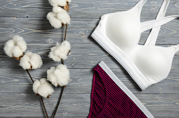 Mutandine a righe di cotone e reggiseno bianco. lingerie femminile sul wo
 - Foto, immagini