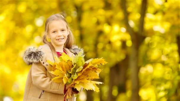 Portret uroczej dziewczynki z żółtymi i pomarańczowymi liśćmi bukiet na świeżym powietrzu w piękny jesienny dzień - Materiał filmowy, wideo