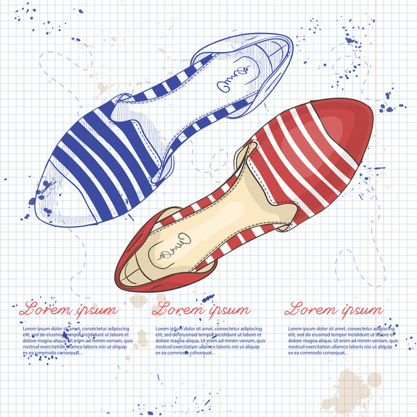 Vector sketch and color womens striped pointy toe flats on a notebook page - Vecteur, image