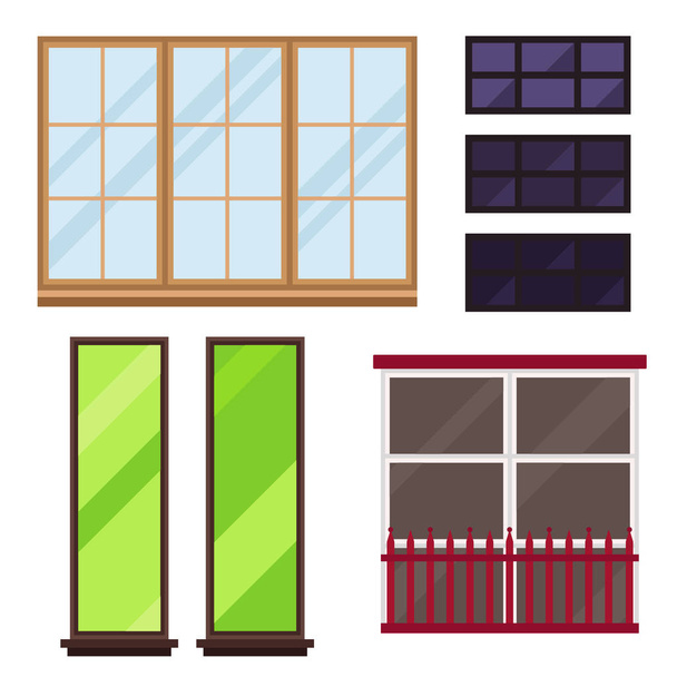 Farklı türleri windows öğeleri düz stil cam çerçeveler inşaat dekorasyon daire vektör çizim ev. - Vektör, Görsel