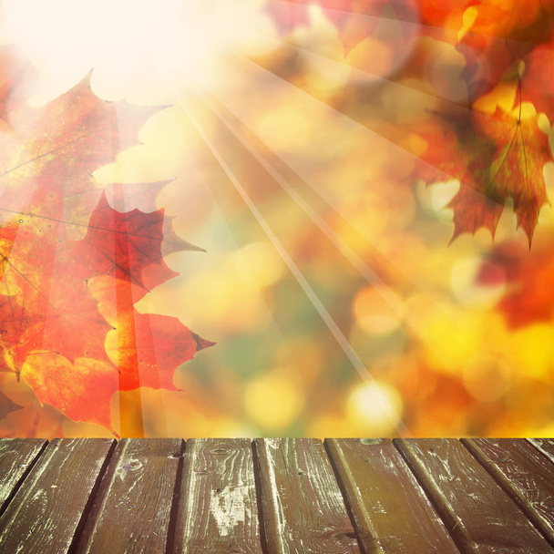 Abstract Autumn Background with Empty Wooden Board, Bokeh Glitte - Photo, Image