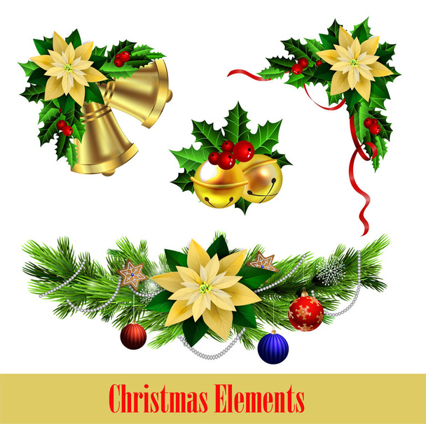 Vánoční výzdoba jehličnatých stromů a zvonek - Vektor, obrázek