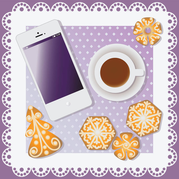 Teléfono móvil blanco con chocolate caliente y pan de jengibre de Navidad
.  - Vector, Imagen