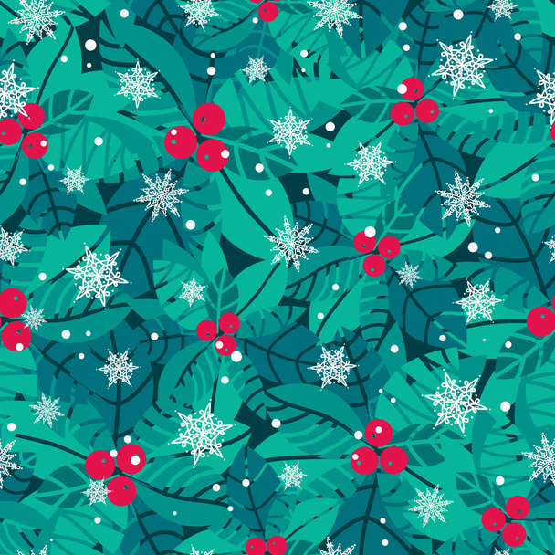 Vector blue, red, white holly berries and snowflakes holiday seamless pattern background. Great for winter themed packaging, giftwrap, gifts projects. - Вектор,изображение
