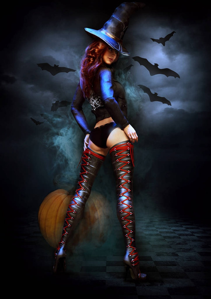 Sexy bruja en botas con calabaza y murciélagos
 - Foto, Imagen