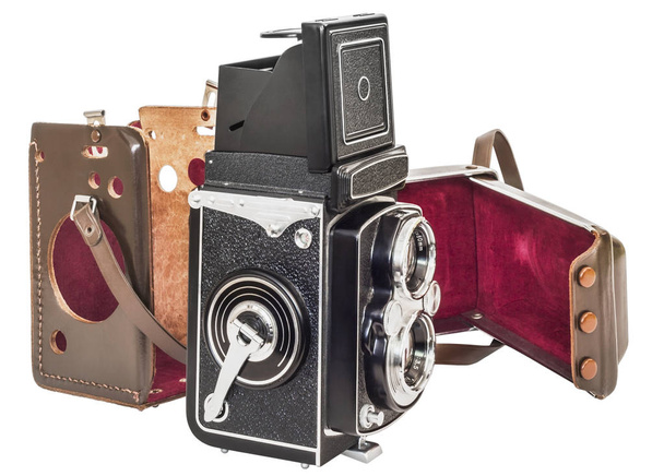 Vintage standart Lens refleks kamera ile beyaz arka plan üzerinde izole müstakil kahverengi deri gazino - Fotoğraf, Görsel