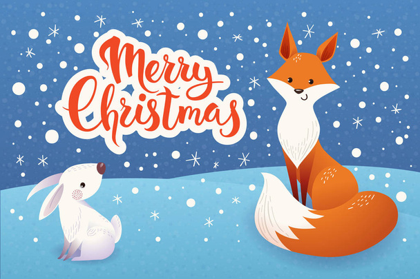 Christmas card with fox and rabbit. - Vektör, Görsel