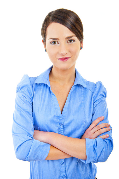 Business woman on white background with blue shirt - Foto, imagen