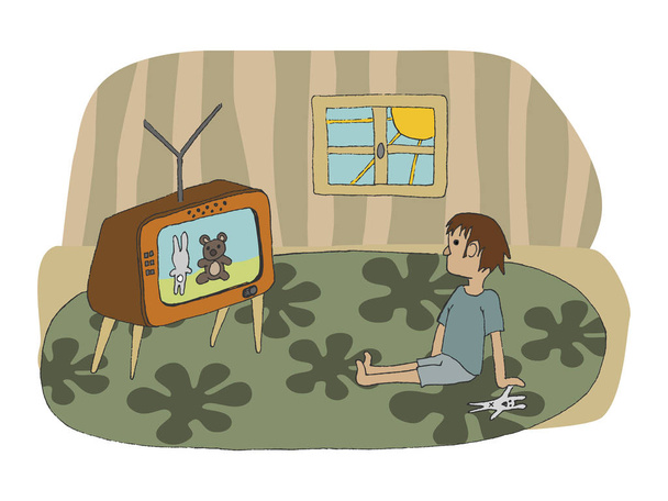 床とテレビを見ている子供の向う - ベクター画像