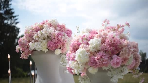 kwiaty w dużych białych wazonach dekoracji - Materiał filmowy, wideo