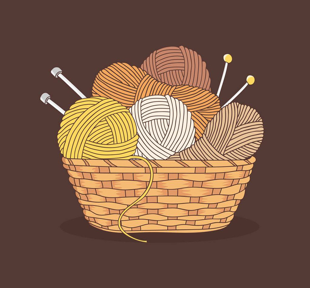 boules de fils et aiguilles à tricoter dans le panier isolé sur fond blanc - Vecteur, image