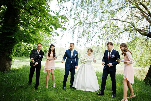Bruidspaar, bruidsmeisjes en stalknecht die beste man t wachten - Foto, afbeelding