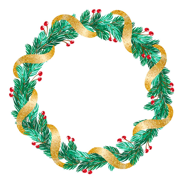 green Christmas vector wreath with golden ribbon and decorations on white background with place for text - Вектор,изображение